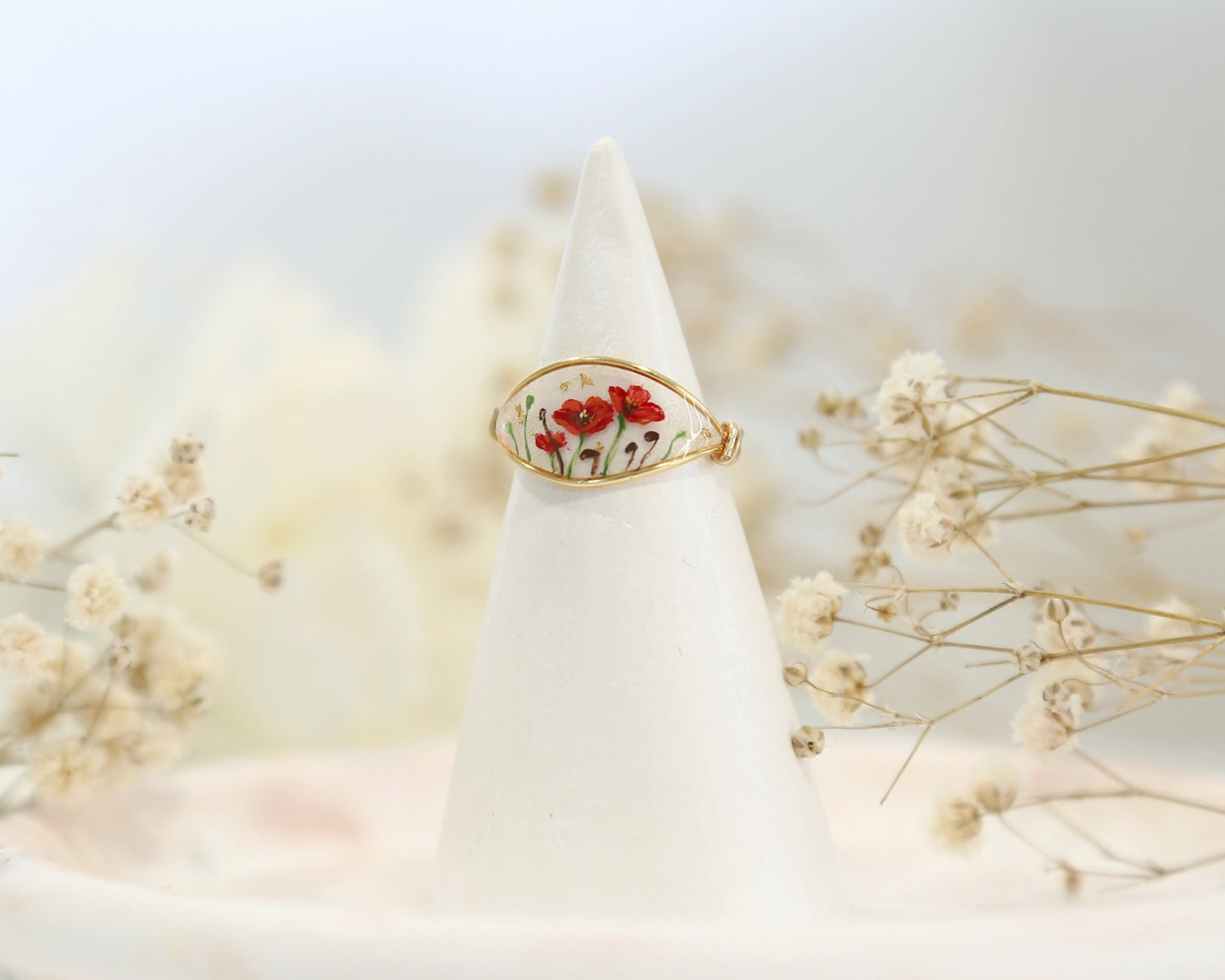 Red Poppy Flower Ring / Gold & Silver