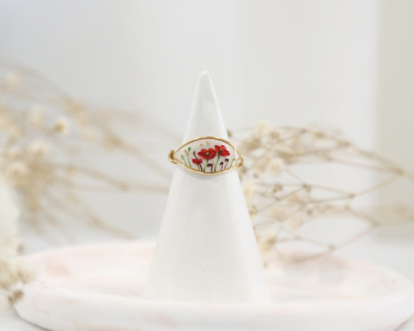 Red Poppy Flower Ring / Gold & Silver