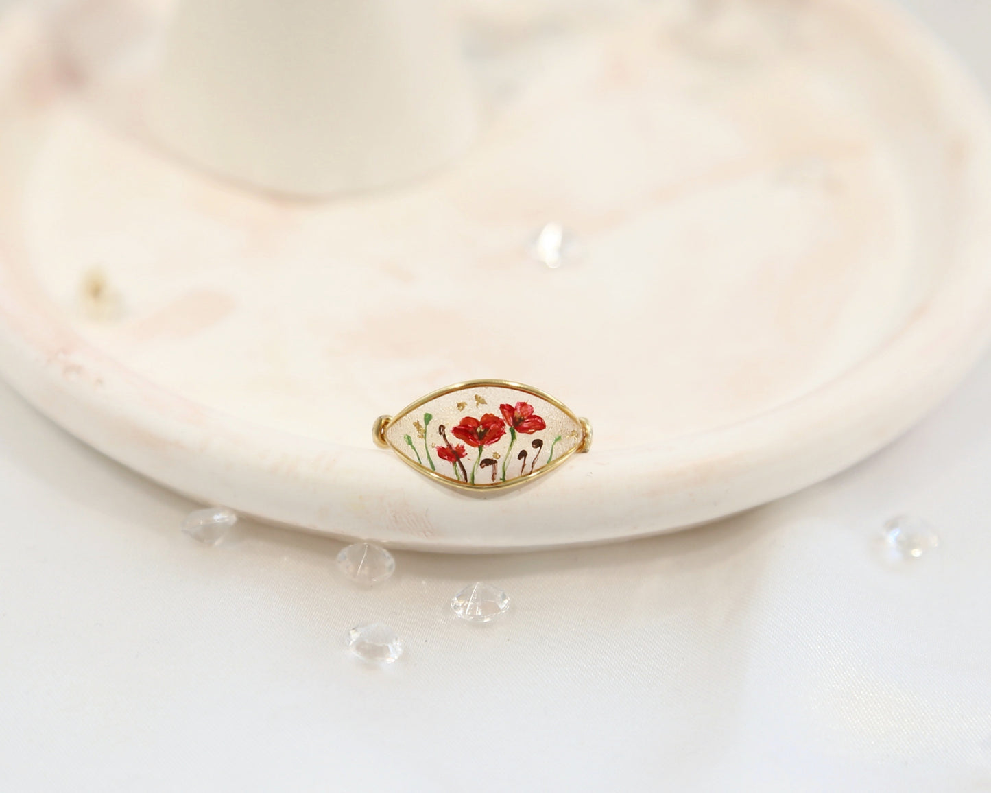 Red Poppy Flower Ring / Gold & Silver