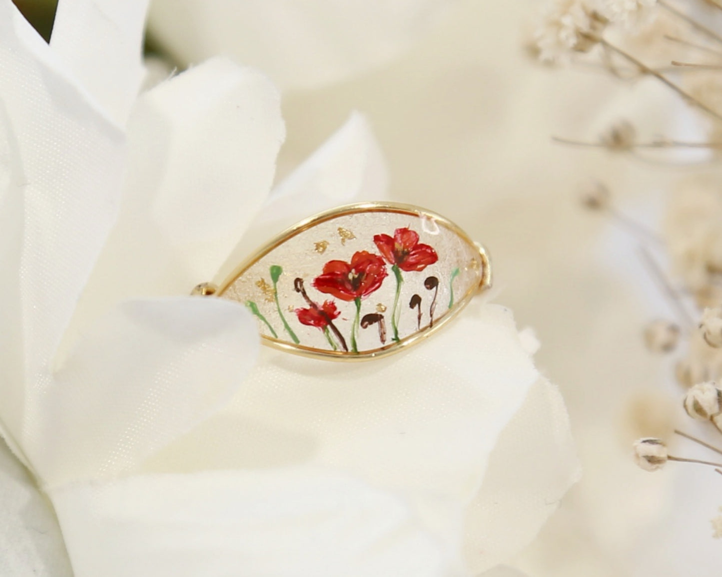 Red Poppy Flower Ring / Gold & Silver