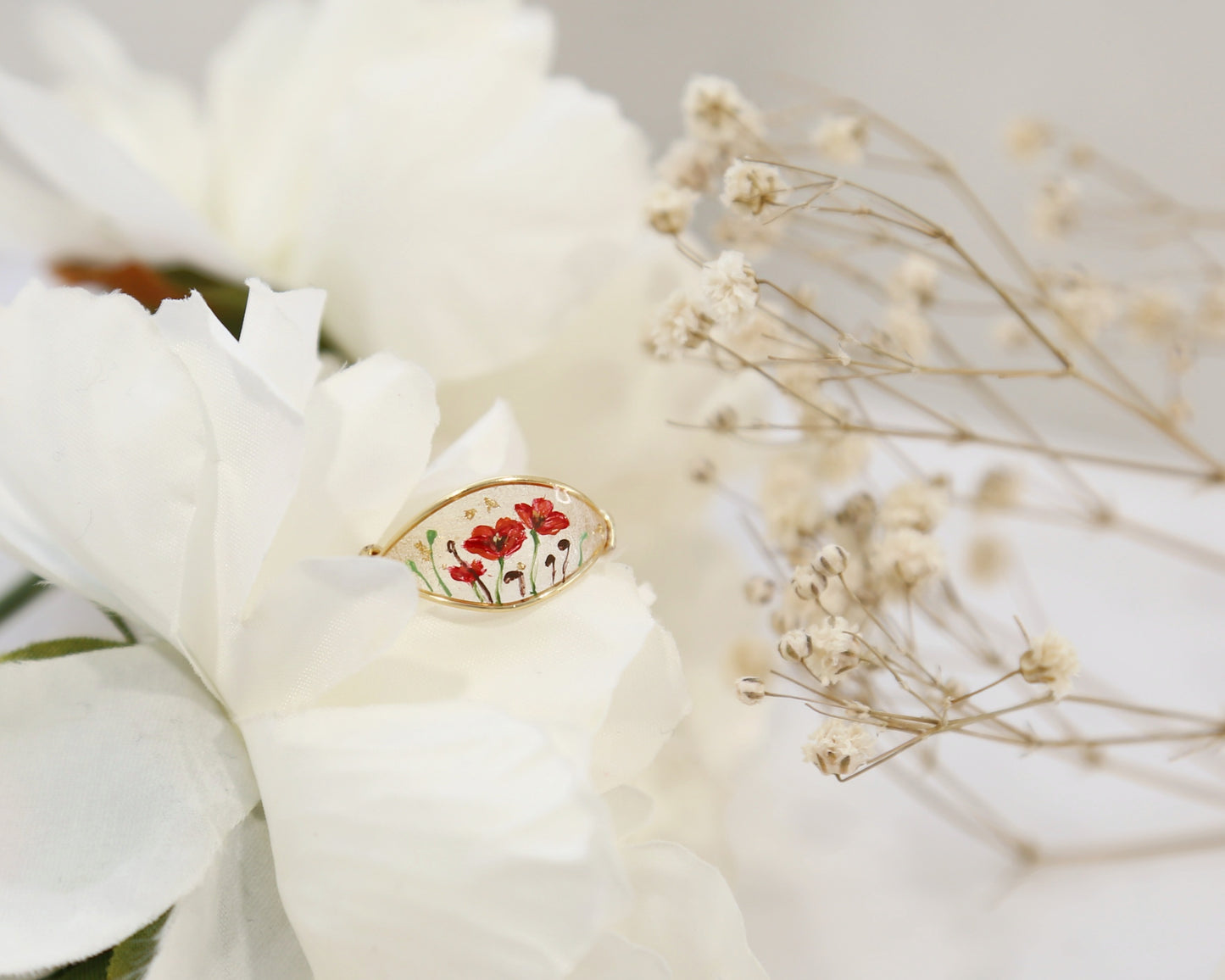 Red Poppy Flower Ring / Gold & Silver