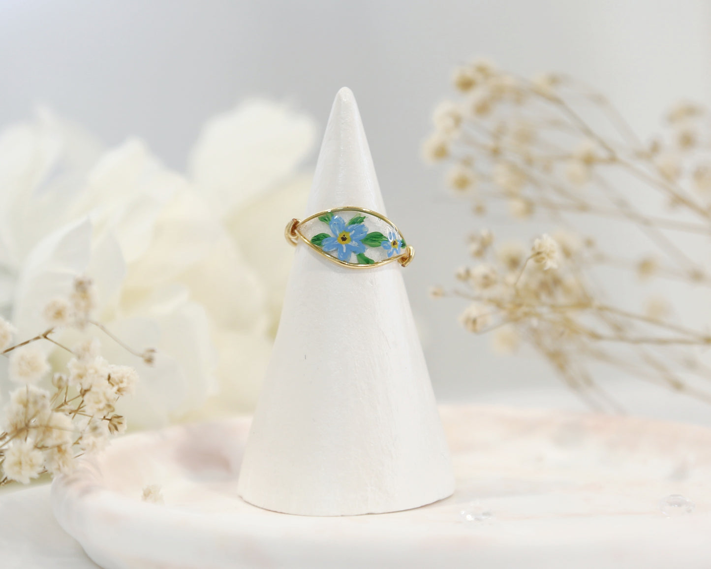 Blue Forget Me Not Flower Ring / Gold & Silver