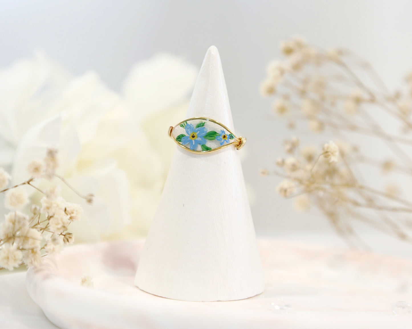 Blue Forget Me Not Flower Ring / Gold & Silver