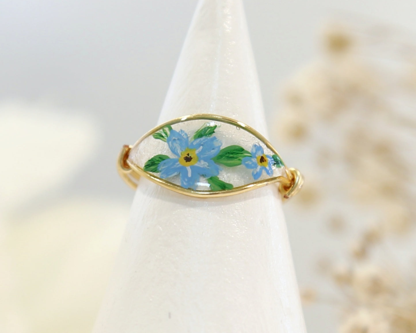 Blue Forget Me Not Flower Ring / Gold & Silver