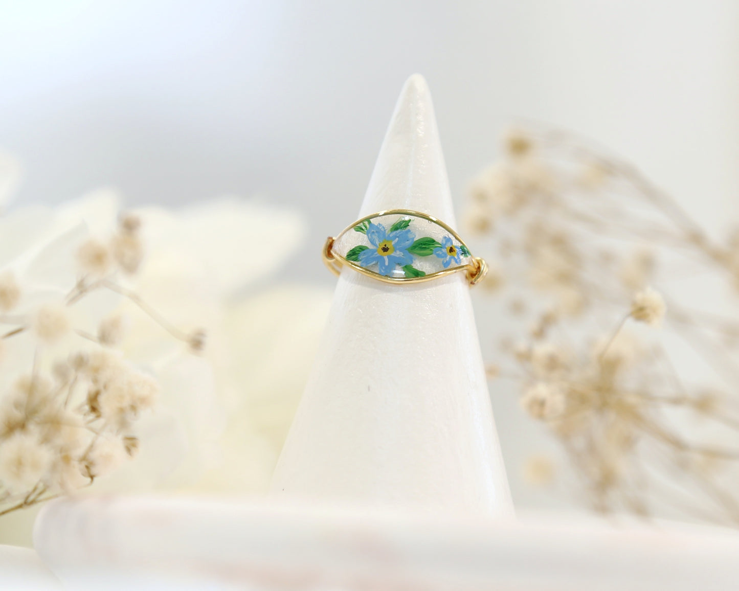 Blue Forget Me Not Flower Ring / Gold & Silver