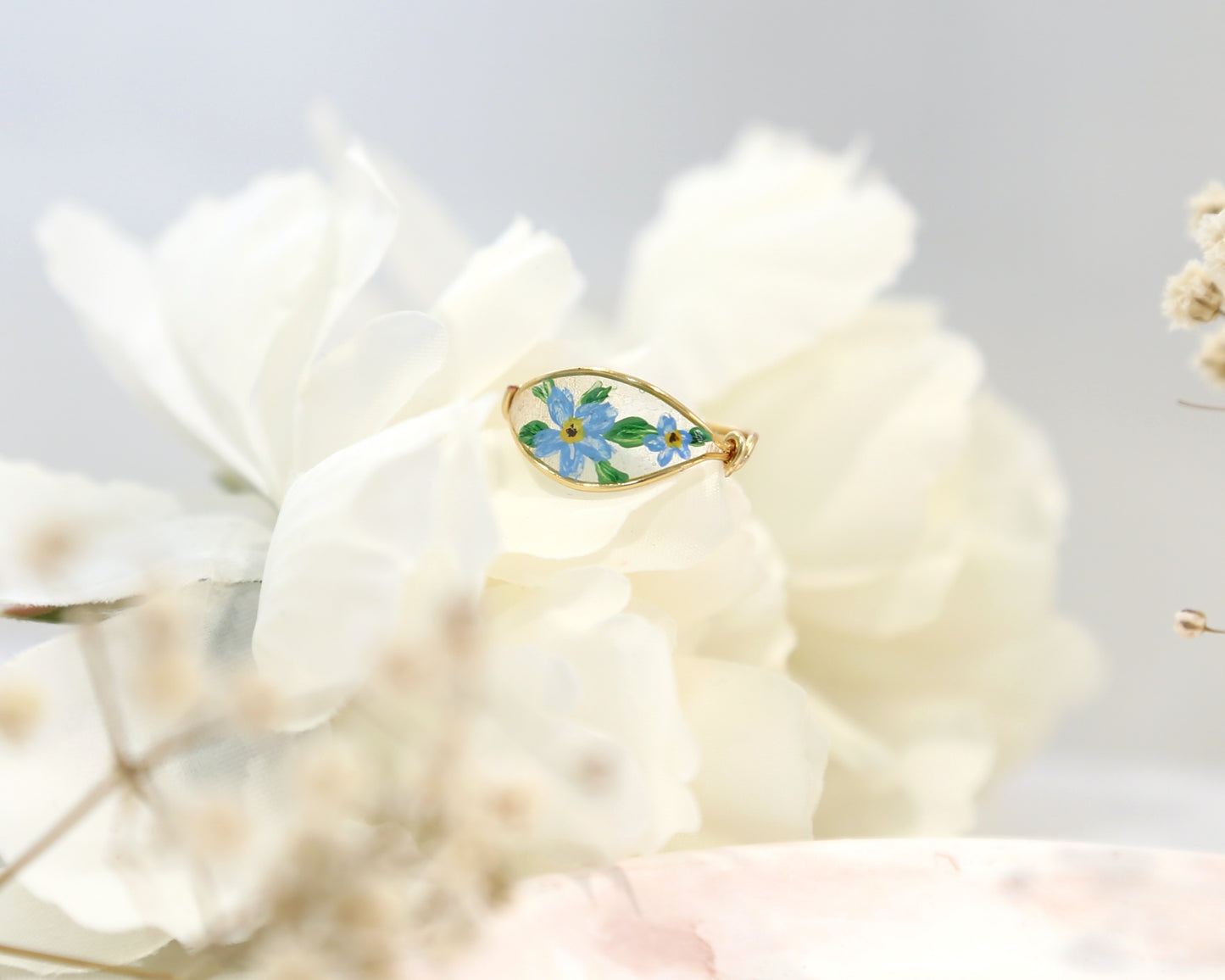 Blue Forget Me Not Flower Ring / Gold & Silver