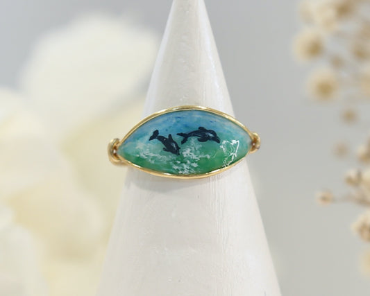 Dolphins & Blue Ocean Ring / Gold & Silver