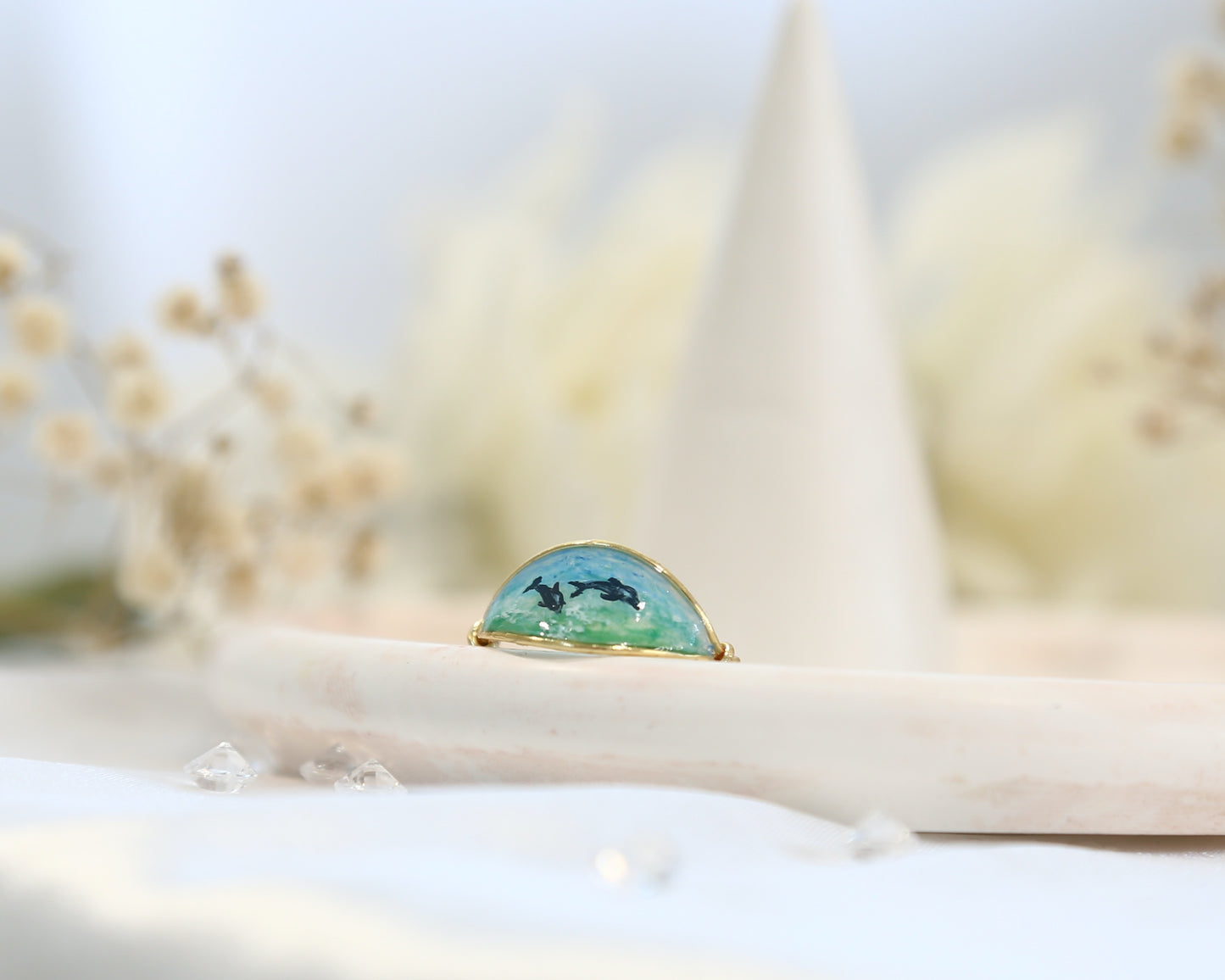 Dolphins & Blue Ocean Ring / Gold & Silver