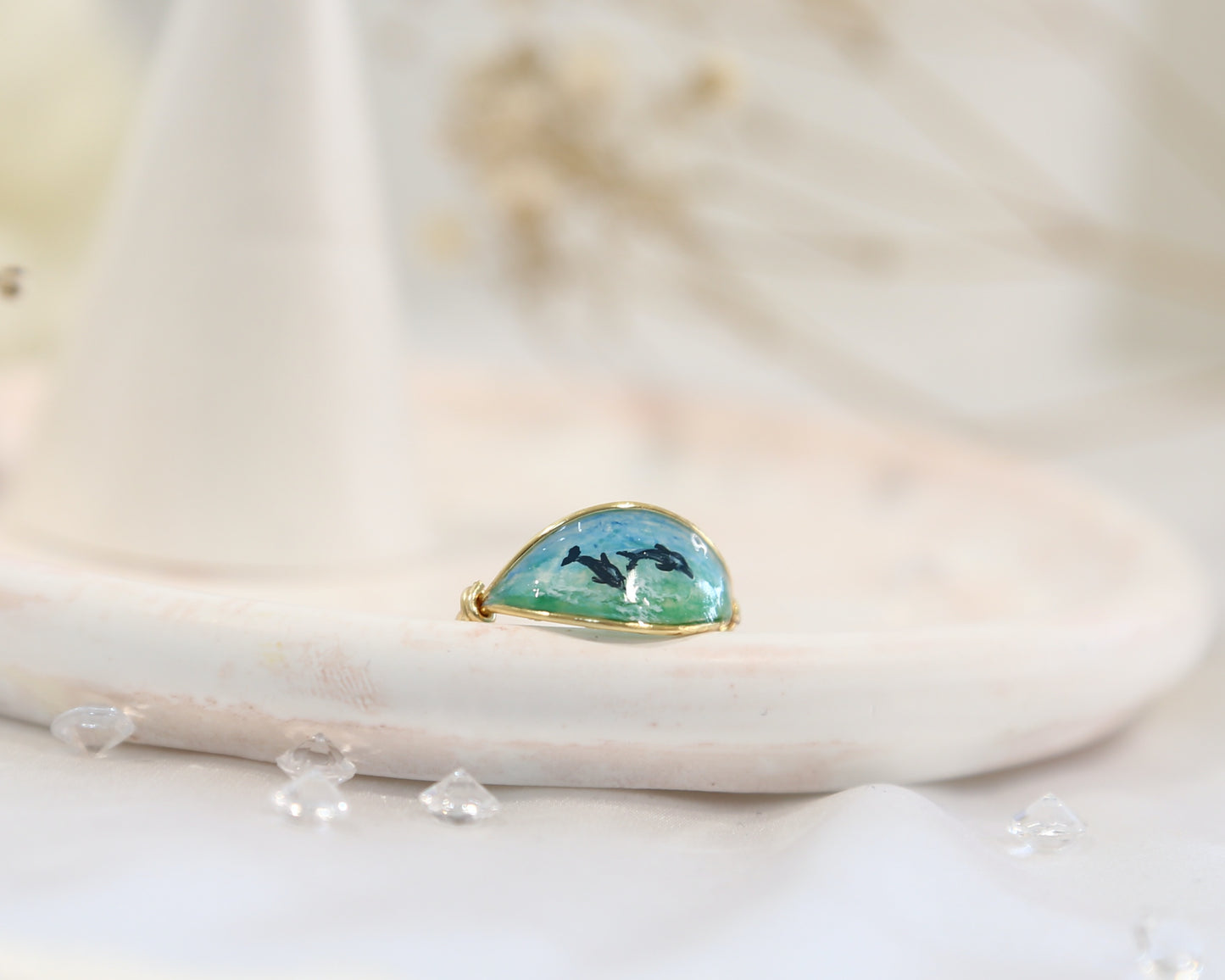 Dolphins & Blue Ocean Ring / Gold & Silver