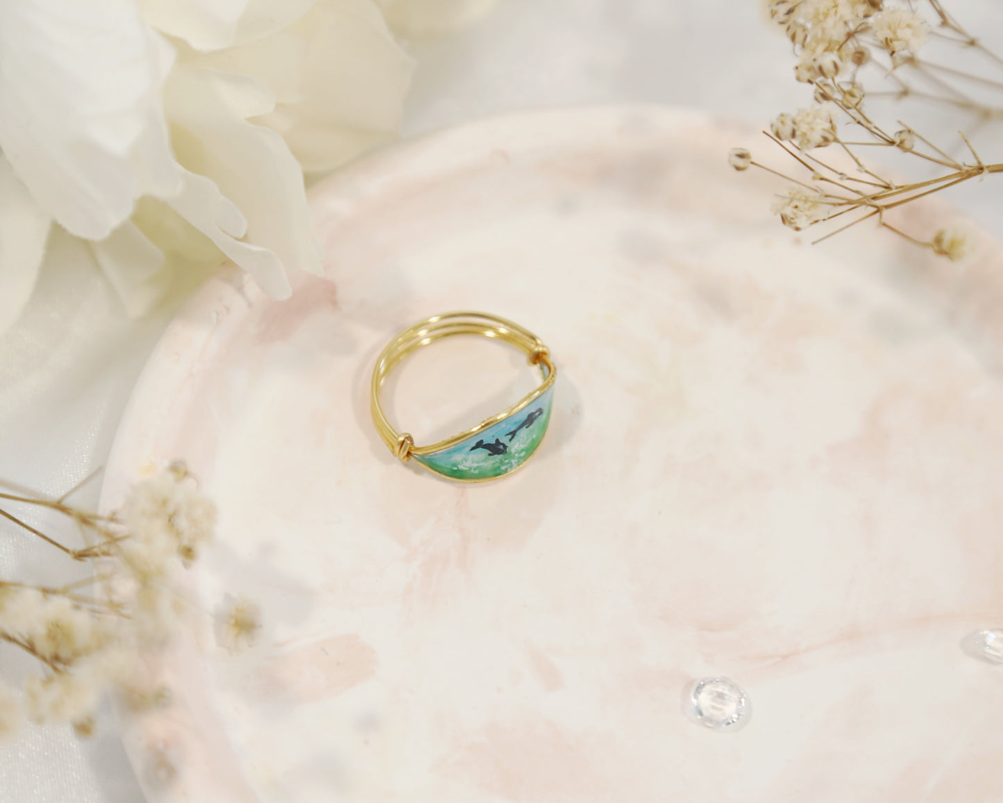 Dolphins & Blue Ocean Ring / Gold & Silver