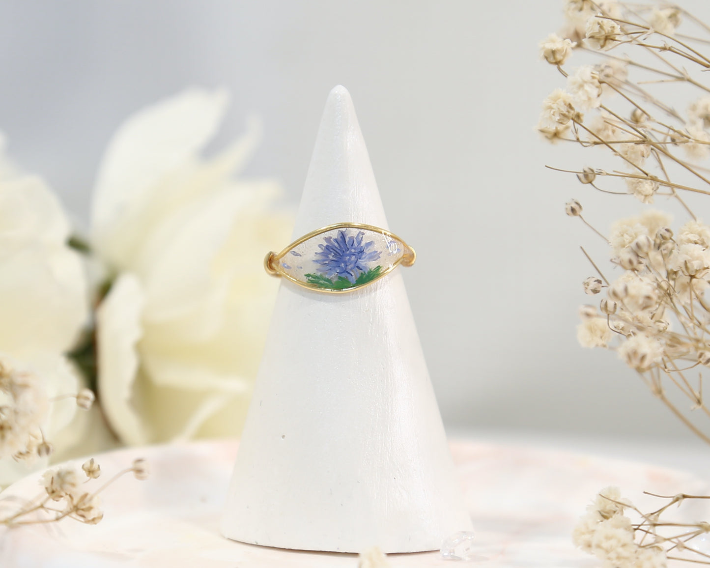 Blue Chrysanthemum Flower Ring / Gold & Silver