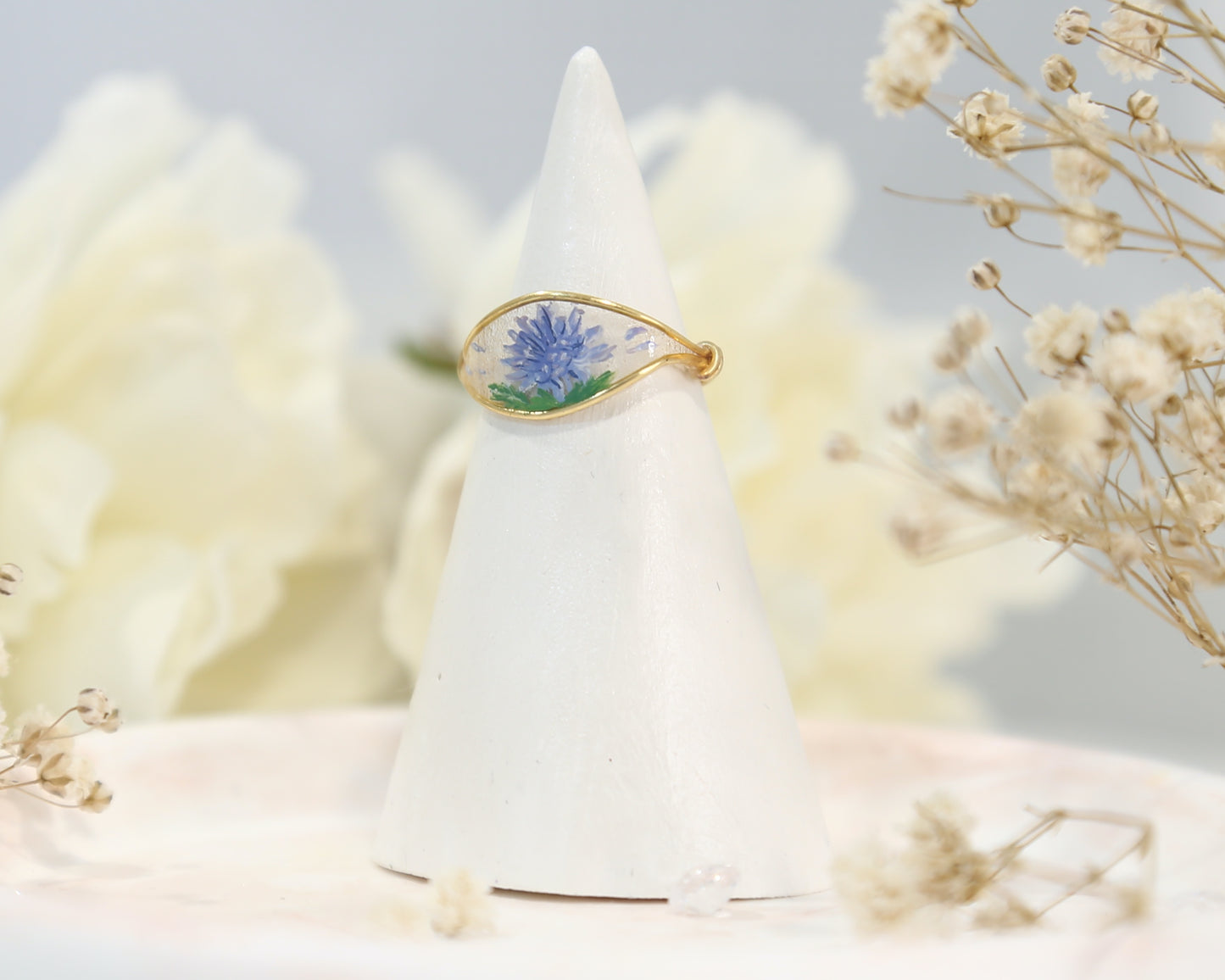 Blue Chrysanthemum Flower Ring / Gold & Silver