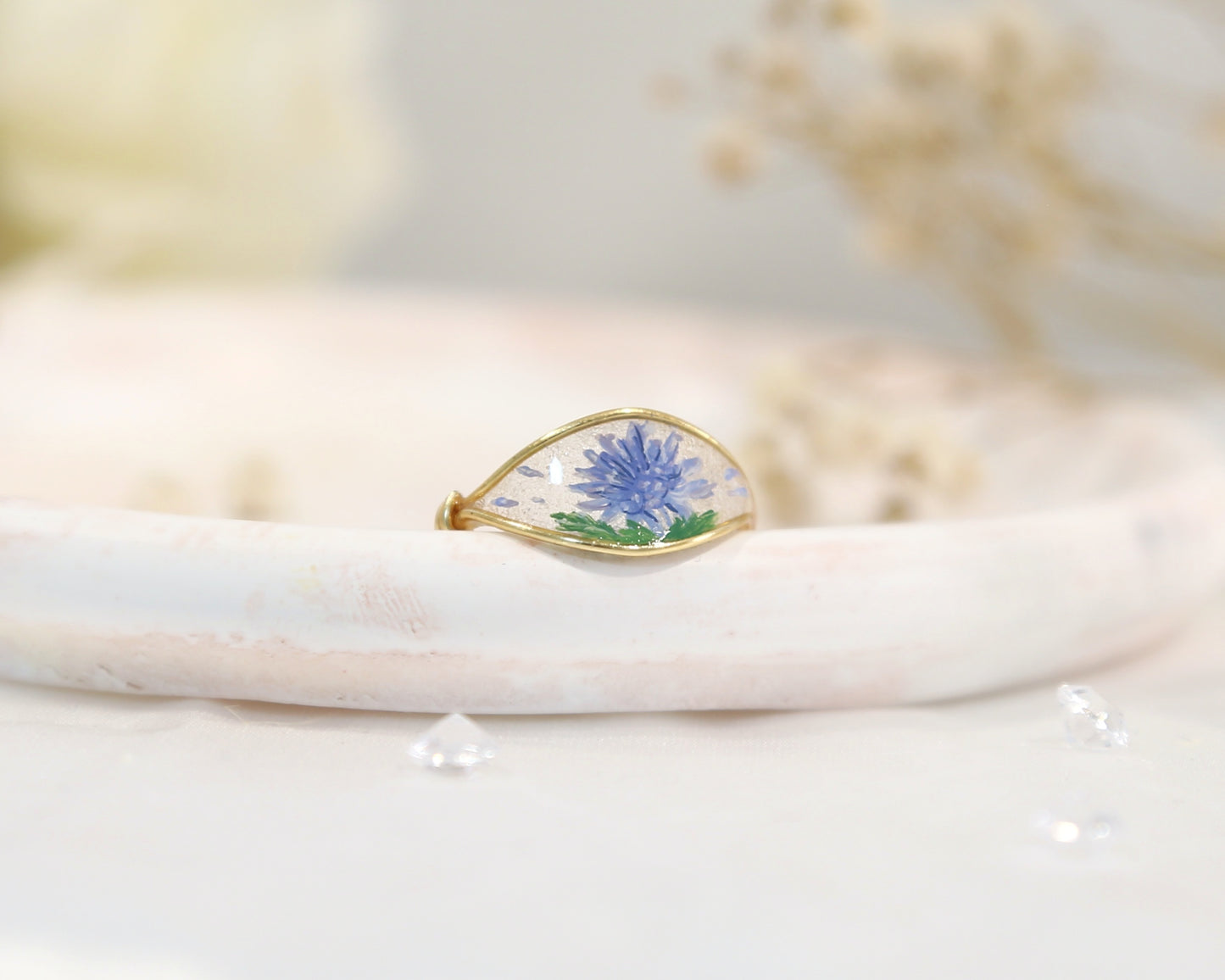 Blue Chrysanthemum Flower Ring / Gold & Silver