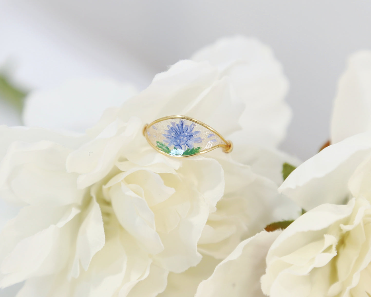 Blue Chrysanthemum Flower Ring / Gold & Silver