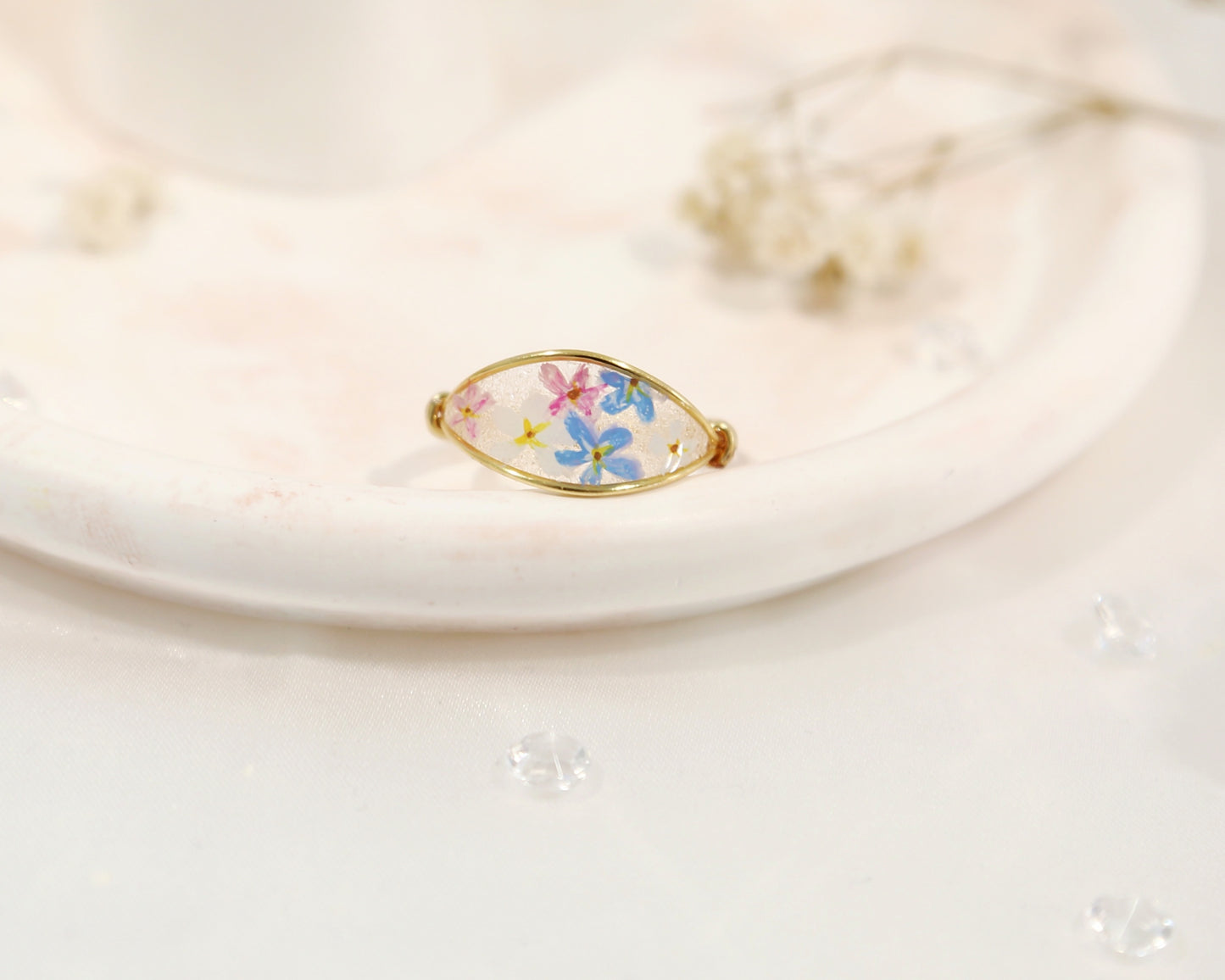 Colorful Forget Me Not Flower Ring / Gold & Silver