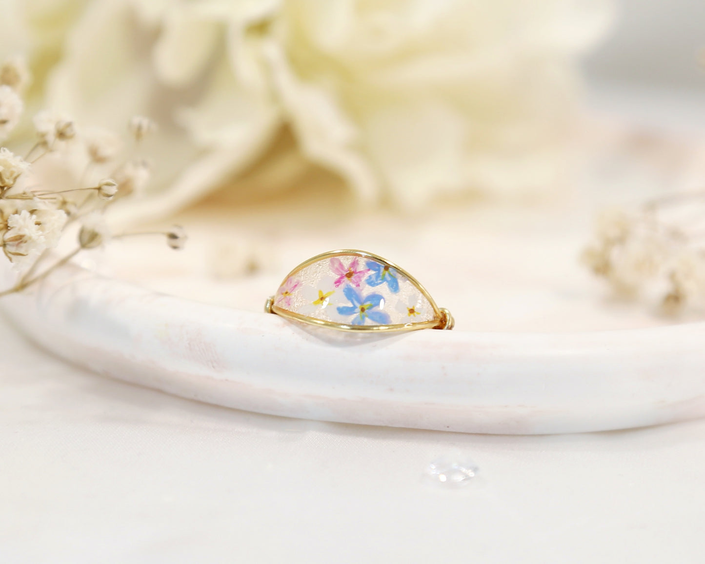 Colorful Forget Me Not Flower Ring / Gold & Silver