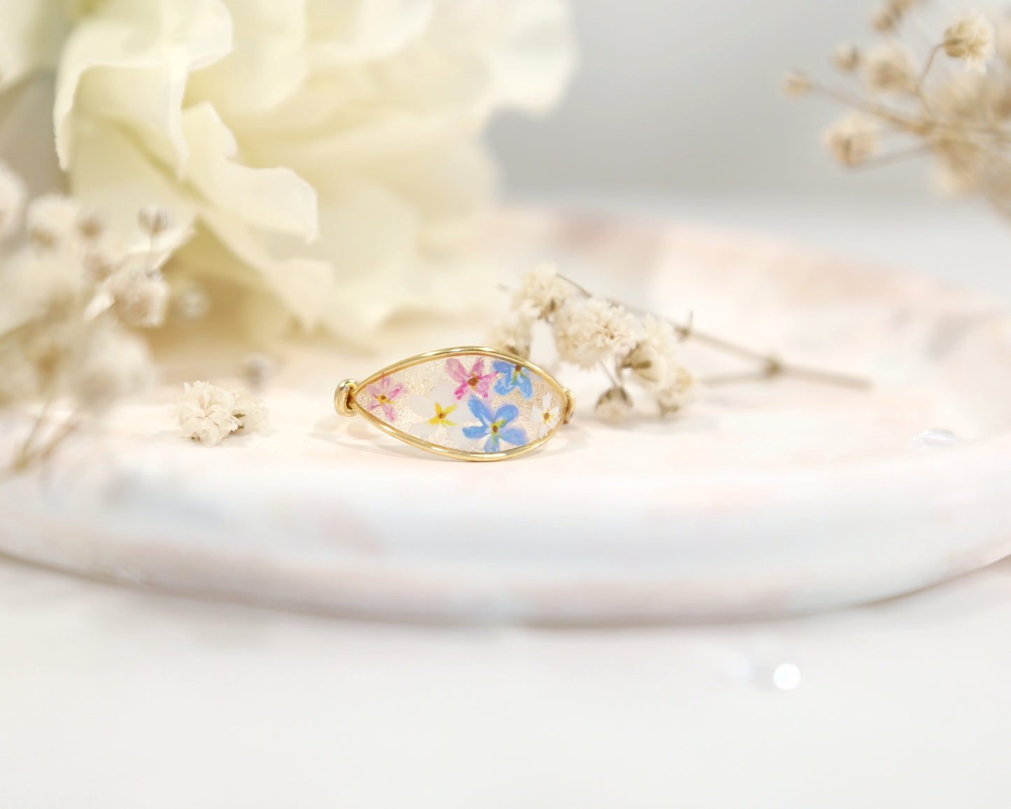 Colorful Forget Me Not Flower Ring / Gold & Silver