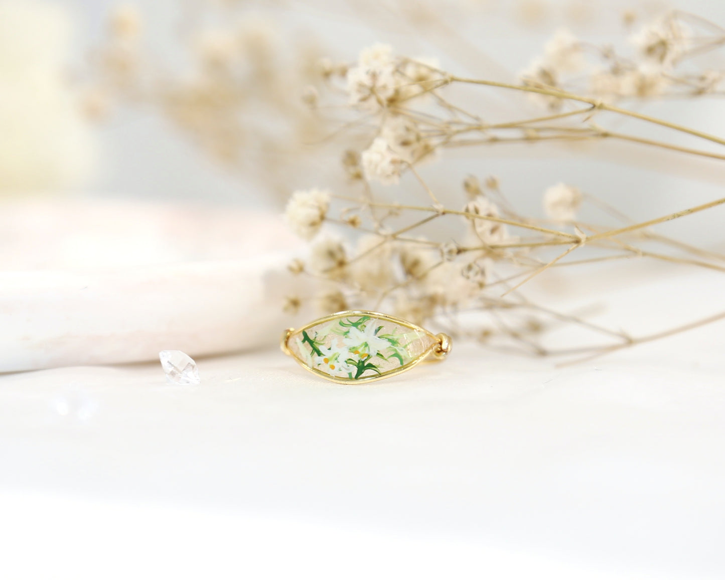 White Lily Flower Ring / Gold & Silver