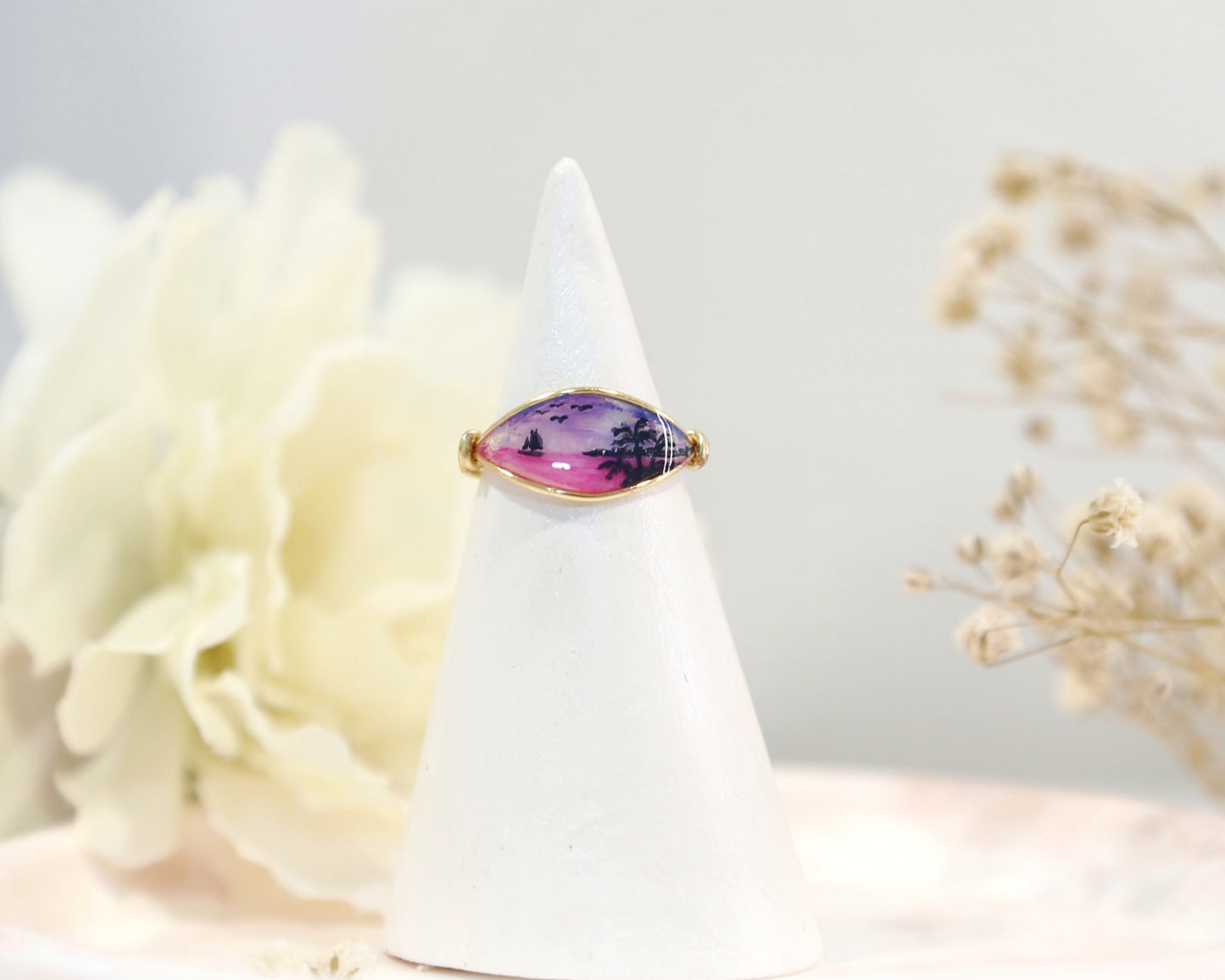 Purple Sunset & Beach View Ring / Gold & Silver