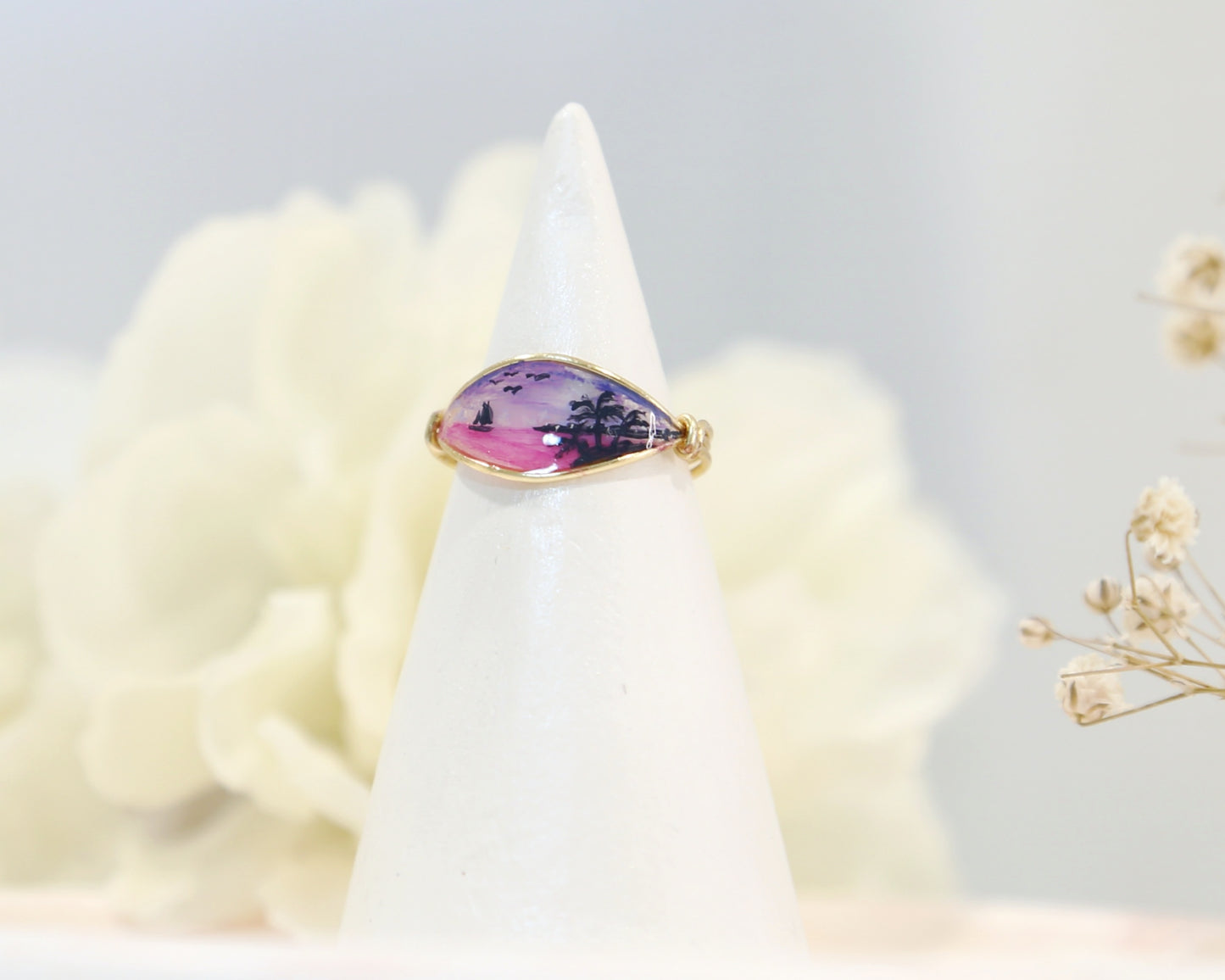 Purple Sunset & Beach View Ring / Gold & Silver