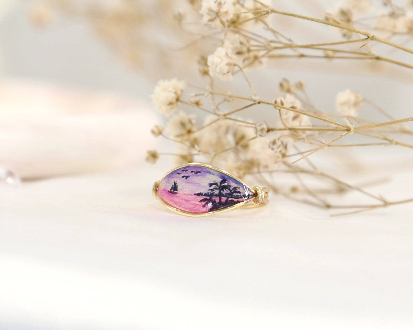 Purple Sunset & Beach View Ring / Gold & Silver