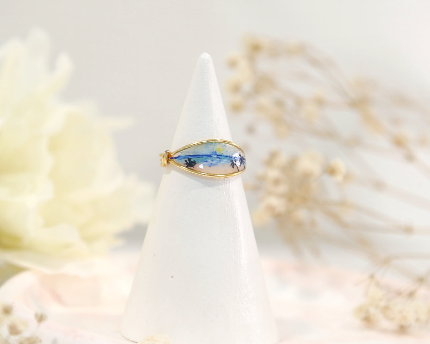 Blue Ocean Pink Sand beach View Ring / Gold & Silver