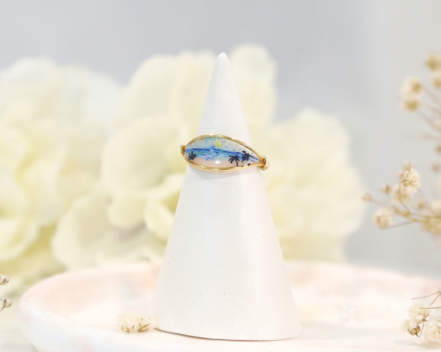 Blue Ocean Pink Sand beach View Ring / Gold & Silver