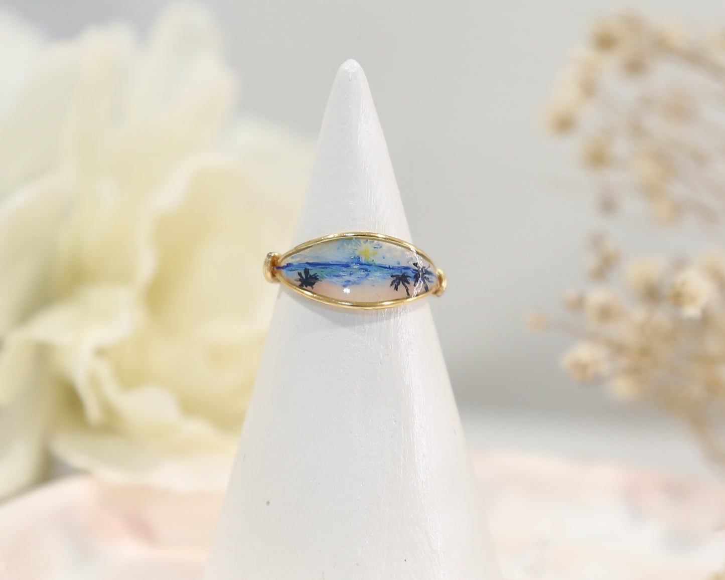 Blue Ocean Pink Sand beach View Ring / Gold & Silver