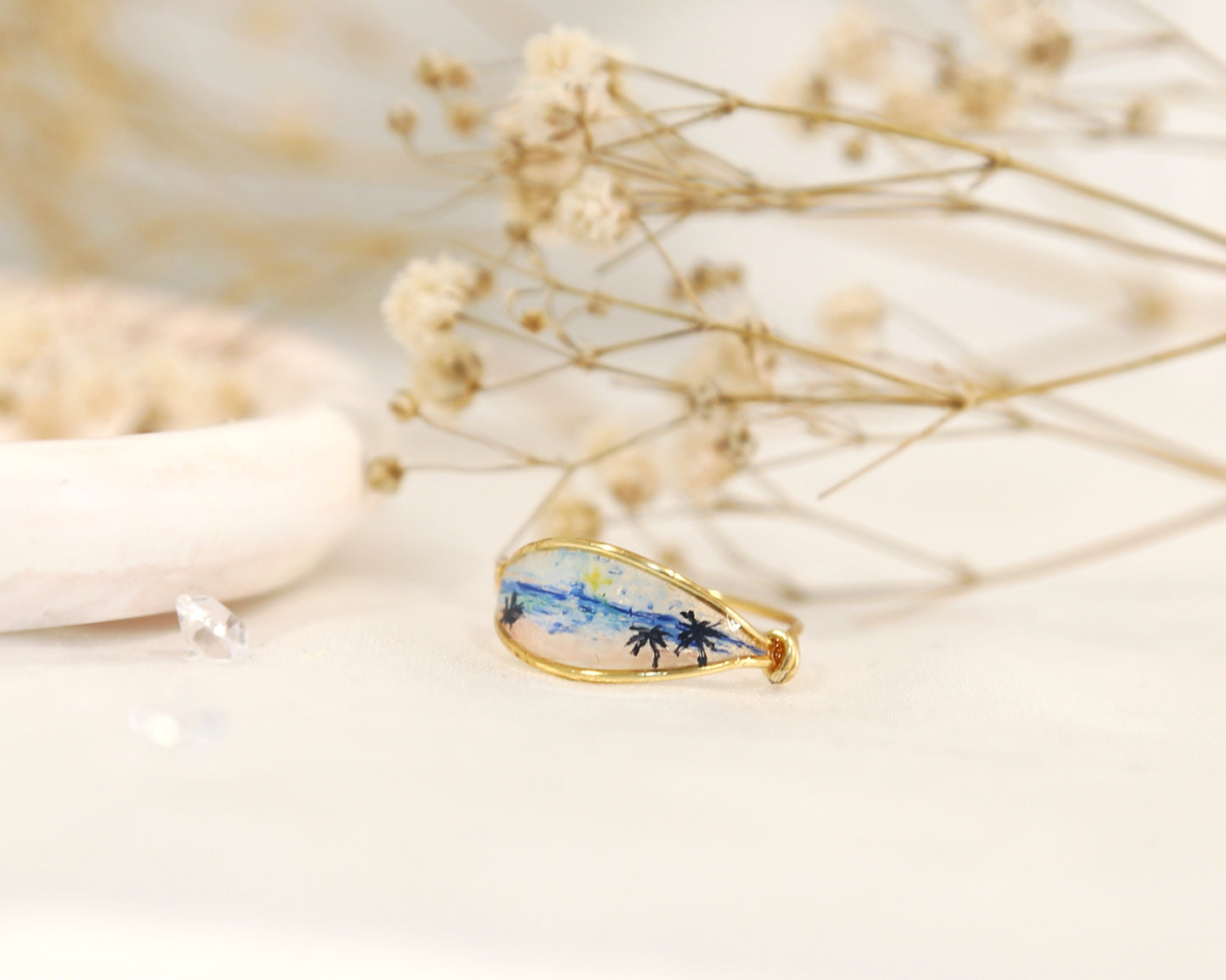 Blue Ocean Pink Sand beach View Ring / Gold & Silver