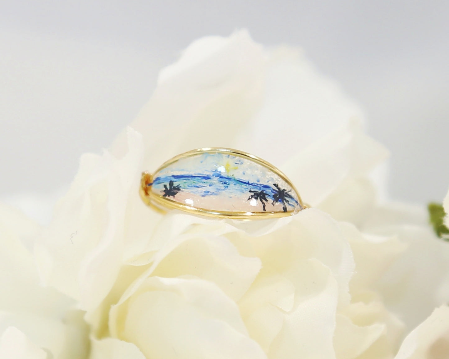 Blue Ocean Pink Sand beach View Ring / Gold & Silver