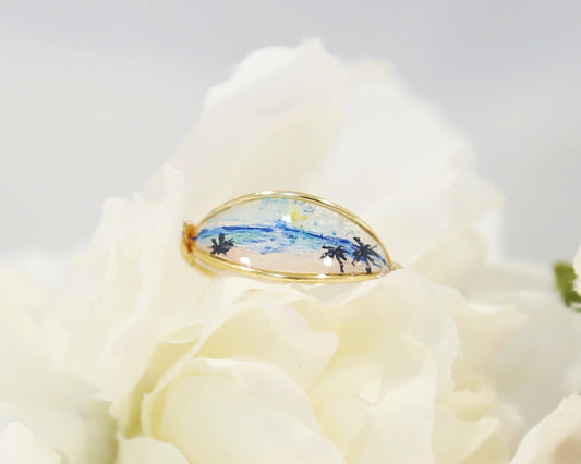 Blue Ocean Pink Sand beach View Ring / Gold & Silver