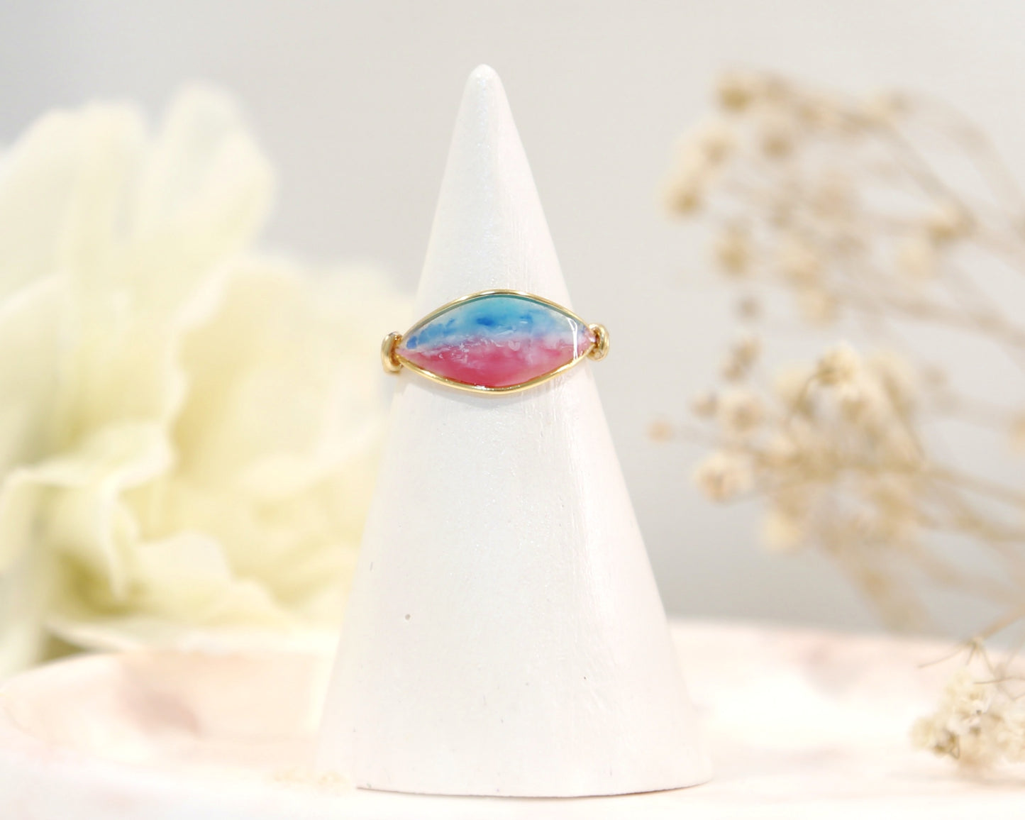 Aerial View of Turquoise Ocean Pink Beach Ring / Gold & Silver