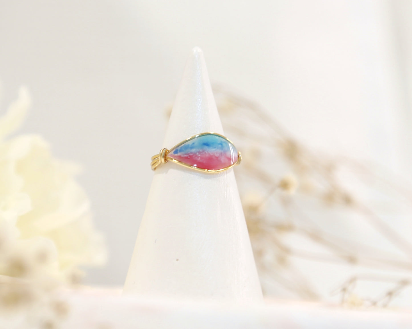 Aerial View of Turquoise Ocean Pink Beach Ring / Gold & Silver