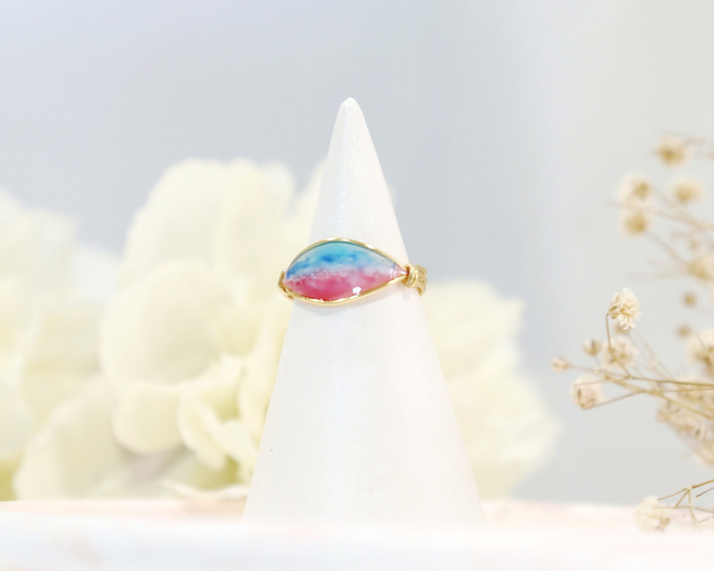 Aerial View of Turquoise Ocean Pink Beach Ring / Gold & Silver