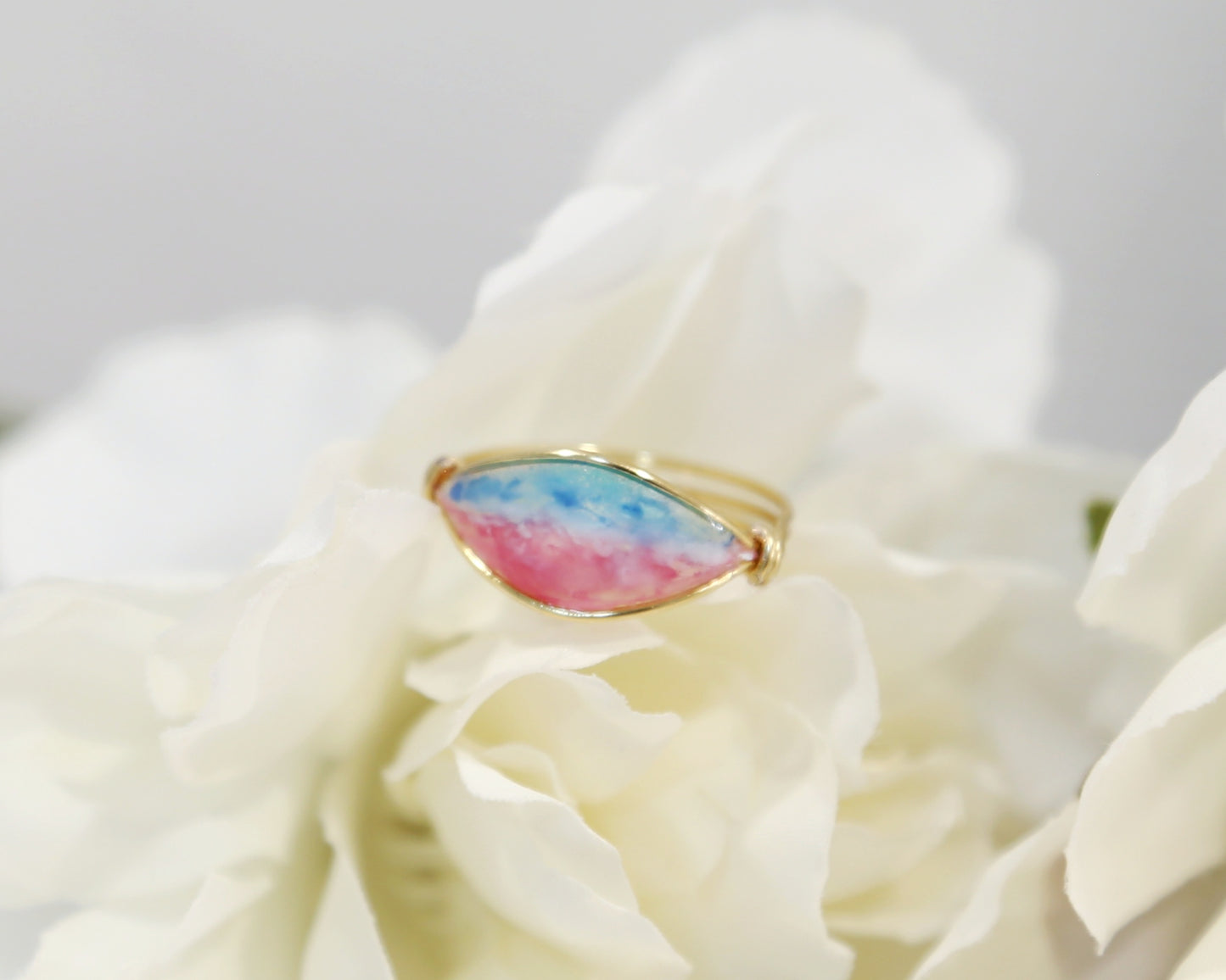 Aerial View of Turquoise Ocean Pink Beach Ring / Gold & Silver