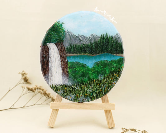 "Nature's Symphony" Waterfall Cascading into a Blue-Green Haven, Acrylic Painting on Wood