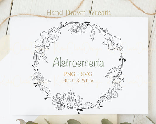 Alstroemeria Flower (Peruvian Lily) Full Wreath Clipart/ Black & White