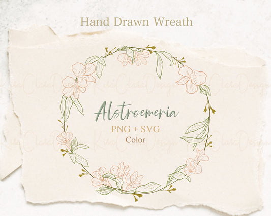 Alstroemeria Flower (Peruvian Lily) Full Wreath Clipart/ Color Outline