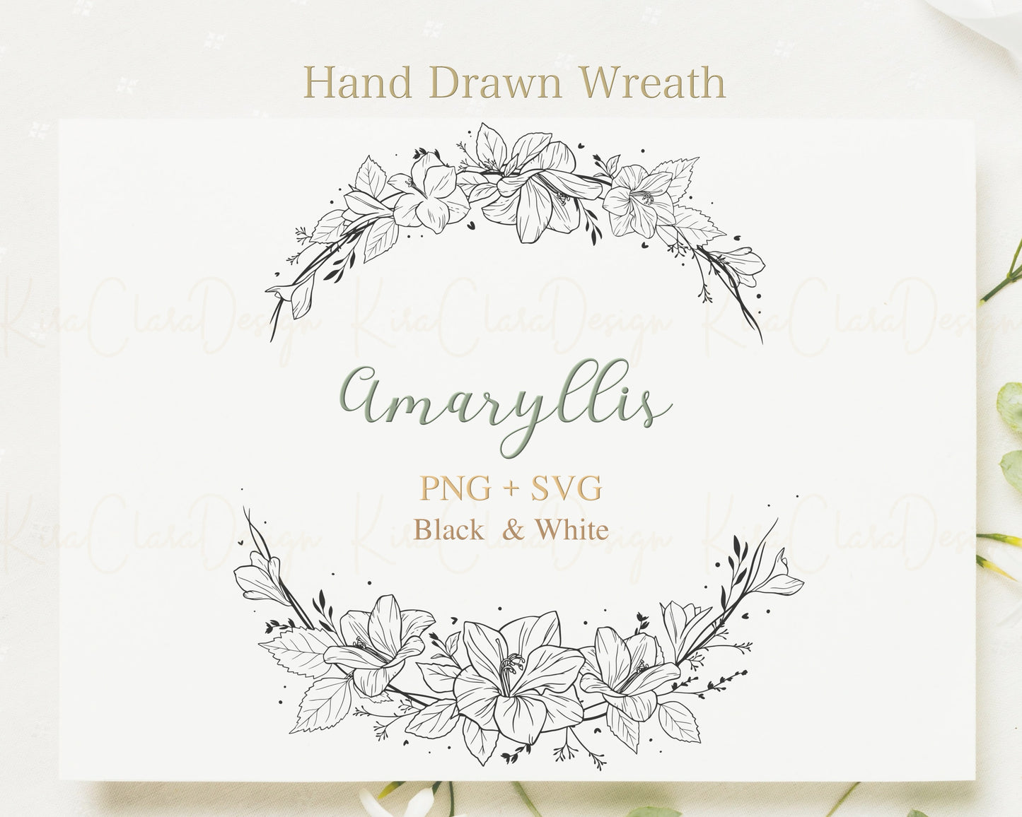 Amaryllis (Hippeastrum) Flower Half Wreath Clipart/ Black & White