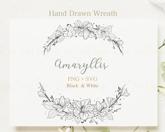 Amaryllis (Hippeastrum) Flower Half Wreath Clipart/ Black & White