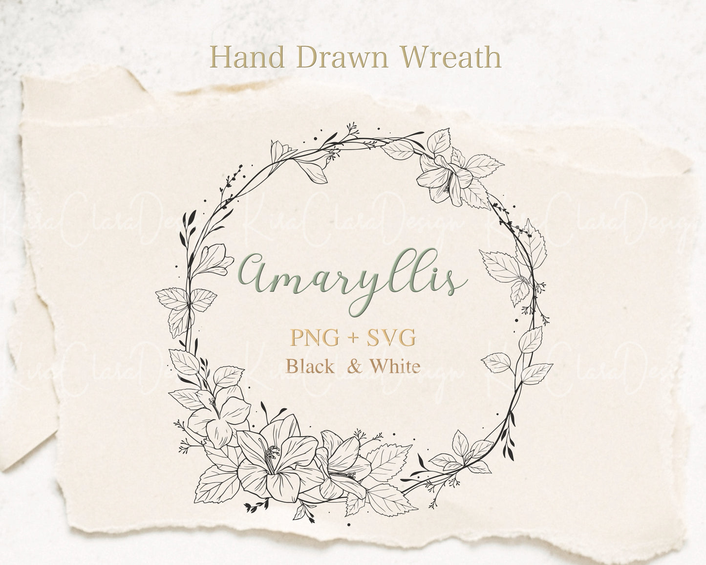 Amaryllis (Hippeastrum) Flower Wreath Clipart/ Black & White