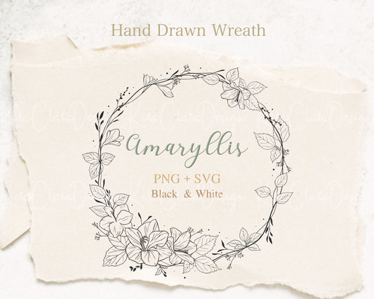 Amaryllis (Hippeastrum) Flower Wreath Clipart/ Black & White