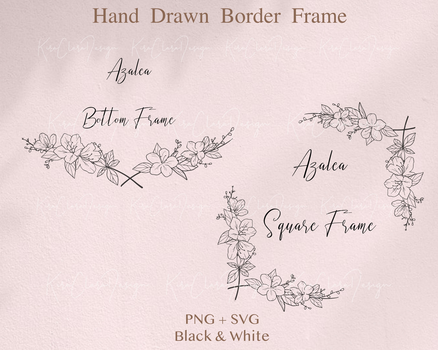 Azalea Flower Border Frame & Bottom Frame Clipart / Black & White