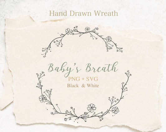 Baby's Breath Flower Circle Wreath Clipart Black & White