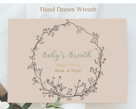 Baby's Breath Flower Circle Wreath Clipart Black & White