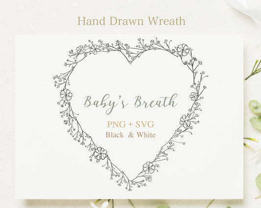 Baby's Breath Flower Heart Frame Clipart Black & White