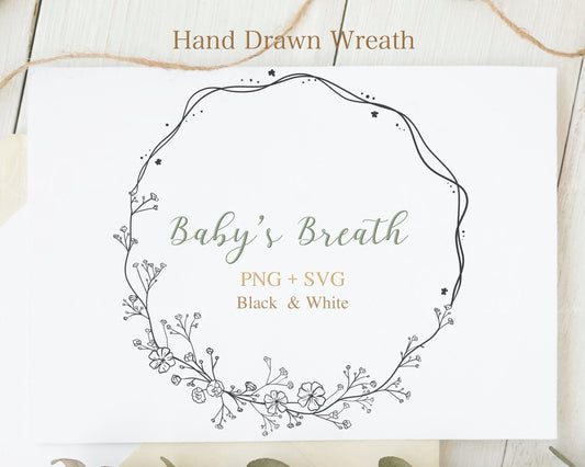 Baby's Breath Flower Circle Wreath Clipart Black & White