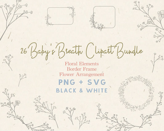 Baby's Breath Flower Clipart Bundle in Black & White