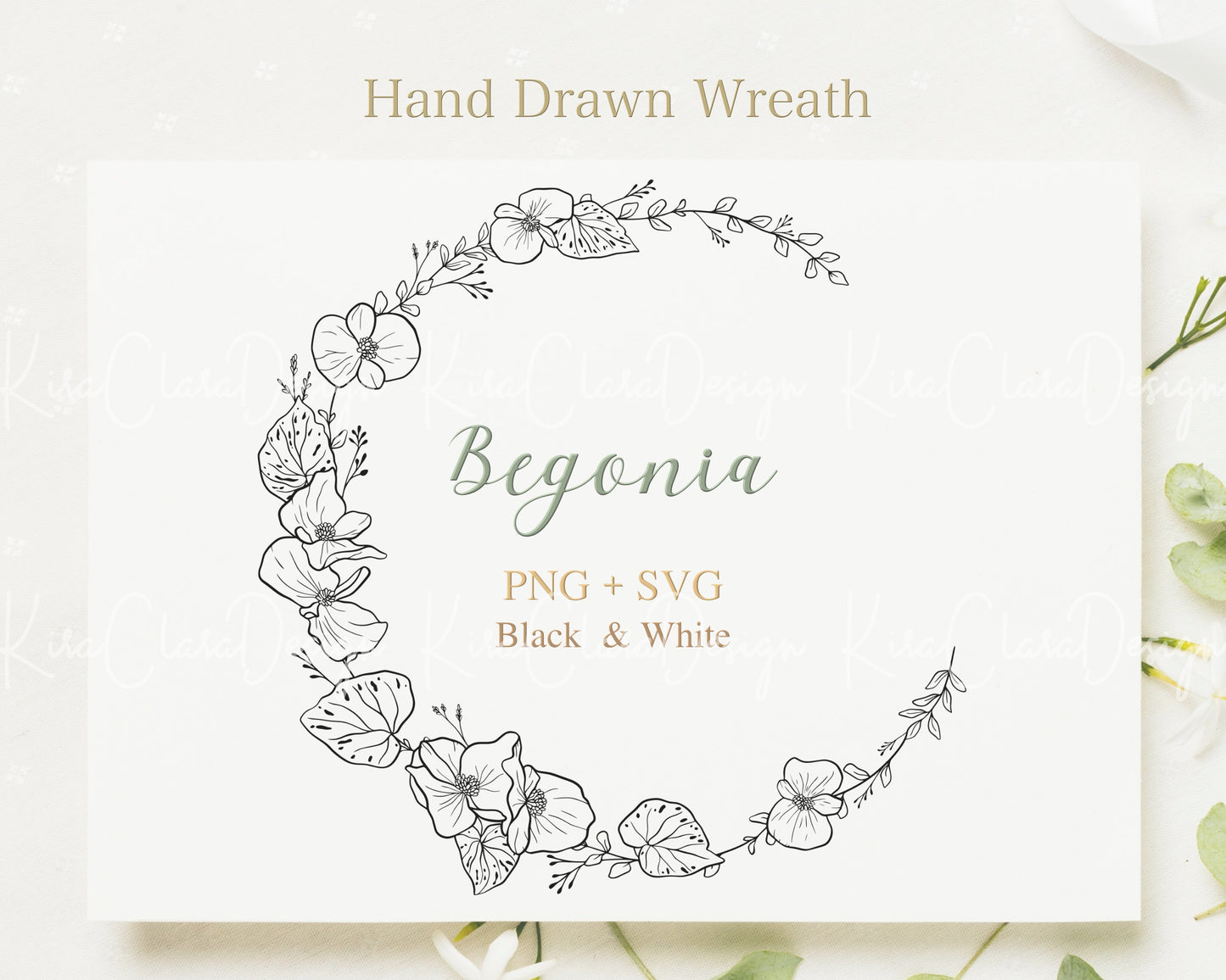 Begonia Flower Wreath Clipart / Black & White Color