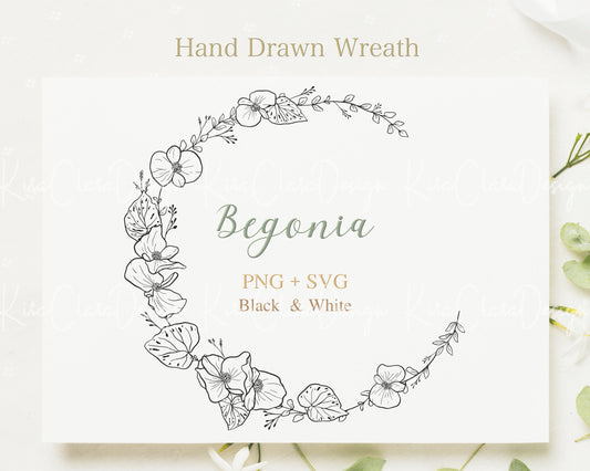 Begonia Flower Wreath Clipart / Black & White Color